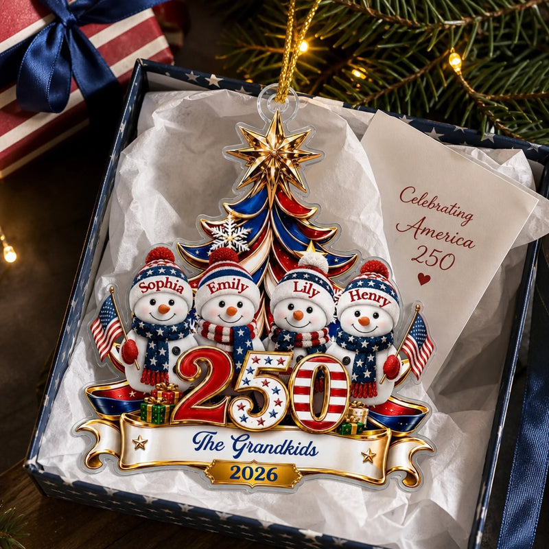 Custom Snowman Acrylic Ornament - Personalized America 250th Anniversary Christmas Gifts For Mom, Grandma, Dad, Grandpa - United In Love Proud In Spirit