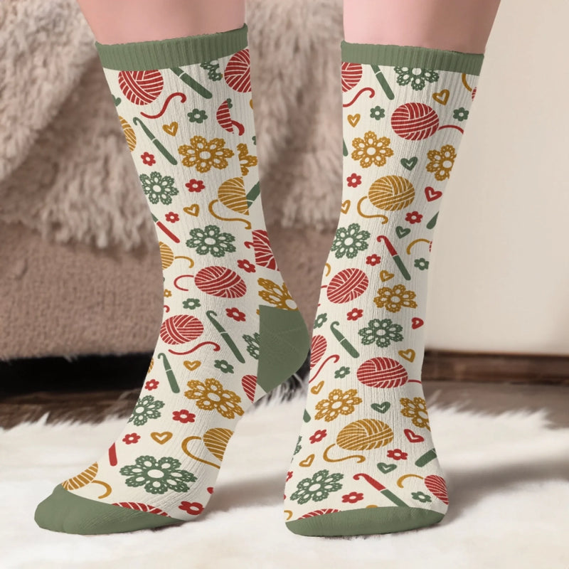 Custom Yarn Crew Socks - Personalized Birthday Gifts For Crochet Knitting Lovers, Crocheters, Knitters, Wife, Daughter, Besties, Sisters, Granddaughter, Grandma, Mom, Yourself - Just One More Row Today