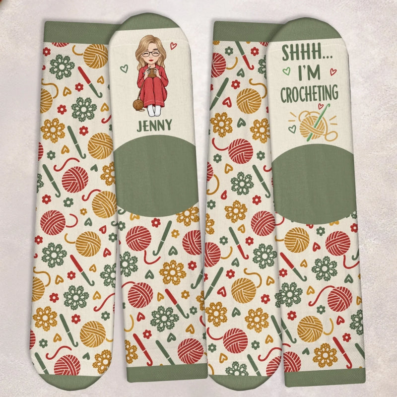 Custom Yarn Crew Socks - Personalized Birthday Gifts For Crochet Knitting Lovers, Crocheters, Knitters, Wife, Daughter, Besties, Sisters, Granddaughter, Grandma, Mom, Yourself - Just One More Row Today