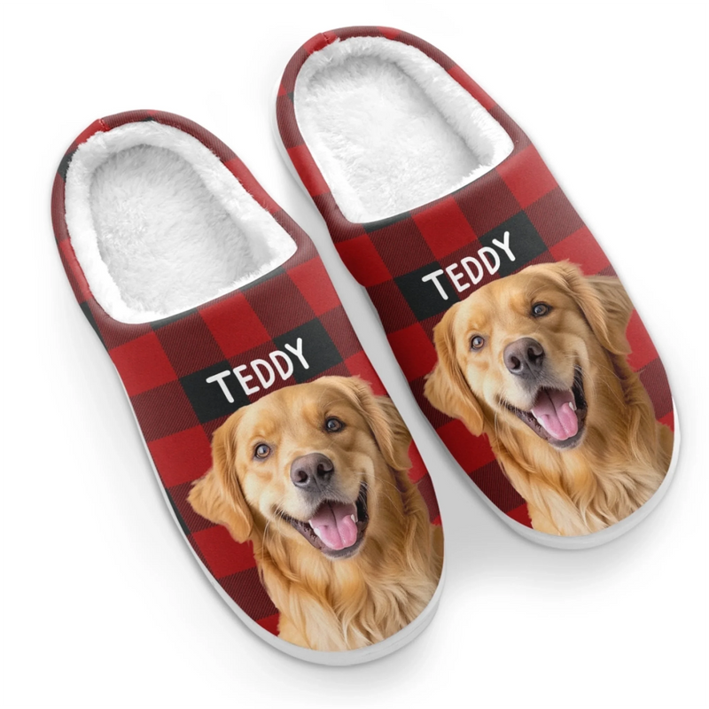 Custom Photo Fluffy Slippers - Personalized Christmas Birthday Gifts For Dog Cat Lovers, Dog Dad And Mom, Cat Owners - Happiness Is A Warm Puppy
