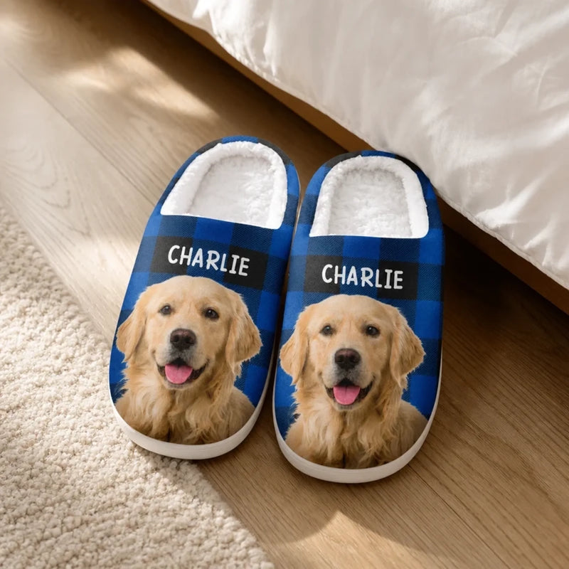 Custom Photo Fluffy Slippers - Personalized Christmas Birthday Gifts For Dog Cat Lovers, Dog Dad And Mom, Cat Owners - Happiness Is A Warm Puppy