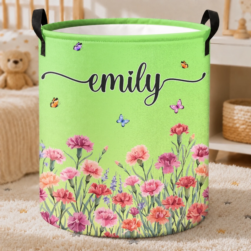 Custom Birth Month Flower Laundry Basket - Personalized Birthday Gifts For Mom, Dad, Brother, Sister, Kids - Blooming With Happiness