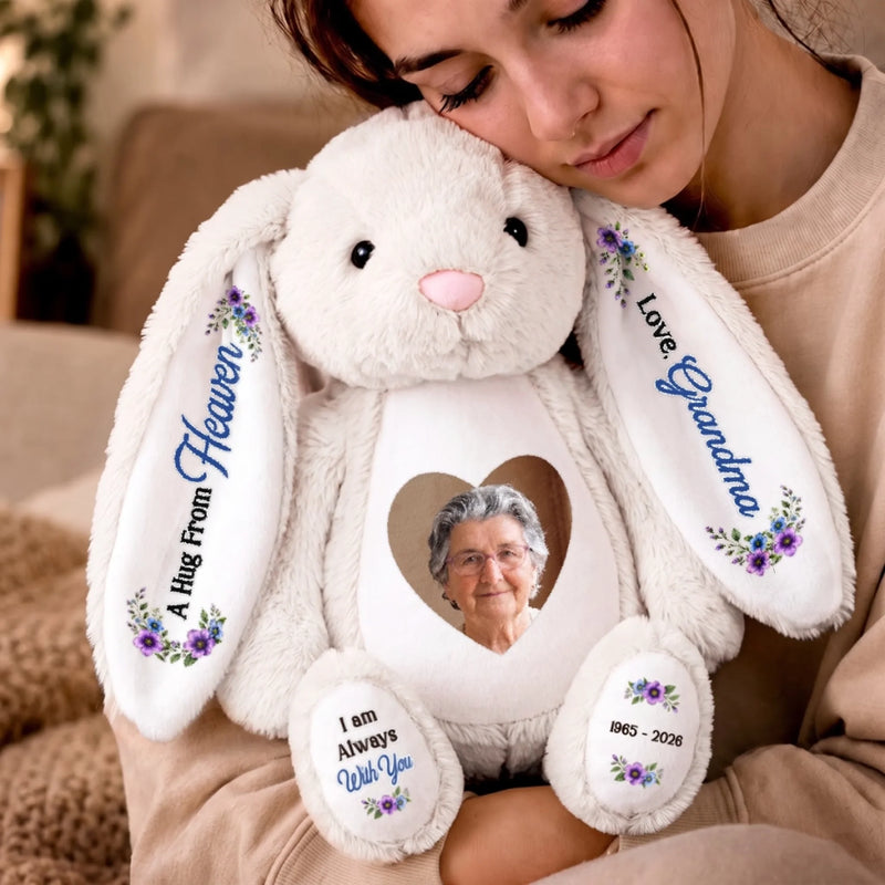 Custom Photo Heart Bunny Plush - Personalized  Memorial Sympathy Gifts For Loss Of Mom, Dad  - Your Love Still Lights The Way