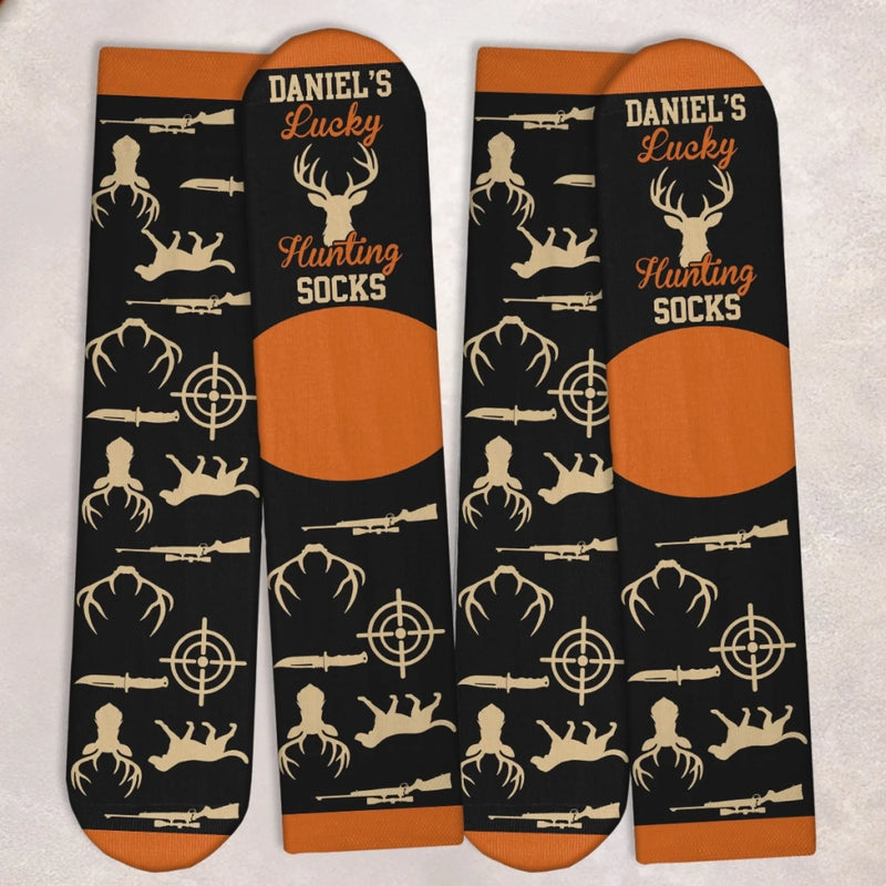 Custom Crew Socks - Personalized Birthday Hunting Gifts For Hunters, Husband, Son, Grandson, Brother, Grandpa, Dad, Yourself - Warm Feet For Lucky Hunts