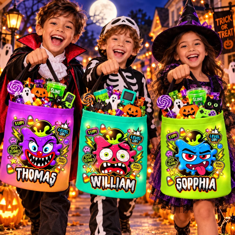 Custom Monster LED Light Bucket Bag - Personalized Halloween Birthday Gifts For Kids - Monster Candy Hunter