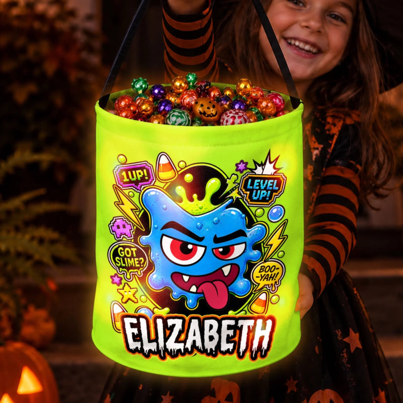 Custom Monster LED Light Bucket Bag - Personalized Halloween Birthday Gifts For Kids - Monster Candy Hunter