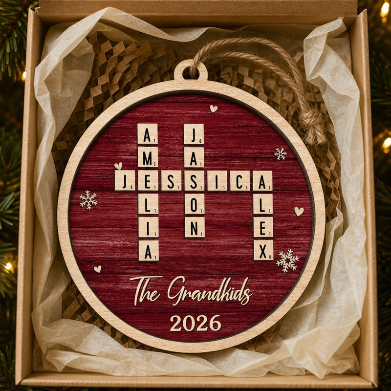 Custom Scrabble Wood Ornament - Personalized Christmas Birthday Gifts For Grandma, Grandpa, Mom, Dad - Love Spelled The Family Way