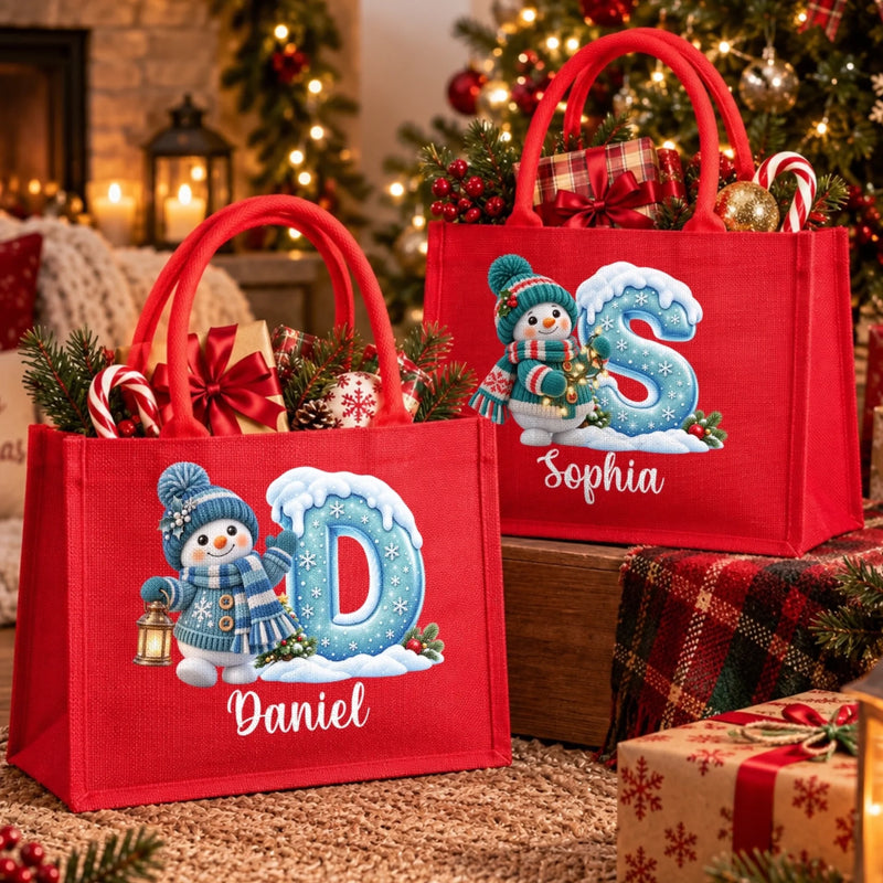 Custom Snowman Burlap Tote Bag - Personalized Christmas Birthday Gifts For Mom, Dad, Brother, Sister - Our Hearts Glow Brighter Together