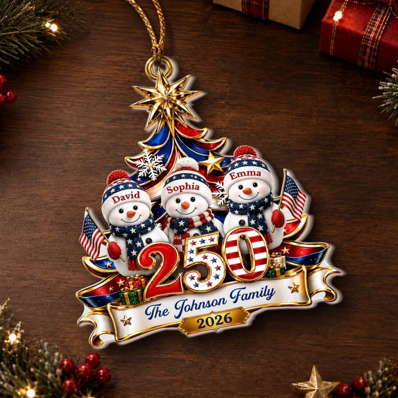 Custom Snowman Premium 3D Ornament - Personalized America 250th Anniversary Christmas Gifts For Mom, Dad, Brother, Sister - United In Holiday Cheer