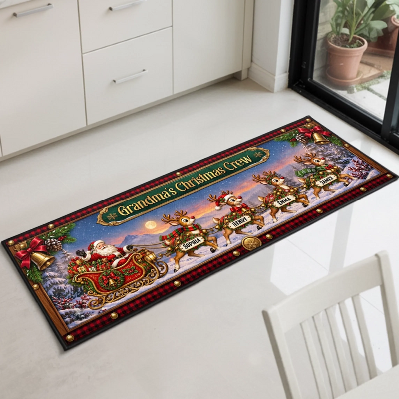 Custom Reindeer Runner Rug - Personalized Christmas Birthday Gifts For Grandma, Grandpa - Santa’s Reindeer Crew Arrive