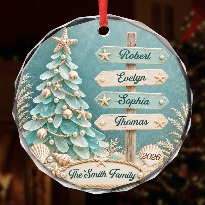 Custom Sea Glass Circle Glass Ornament - Personalized Christmas Birthday Gifts For Mom, Dad, Brother, Sister - Making Waves Of Family Joy