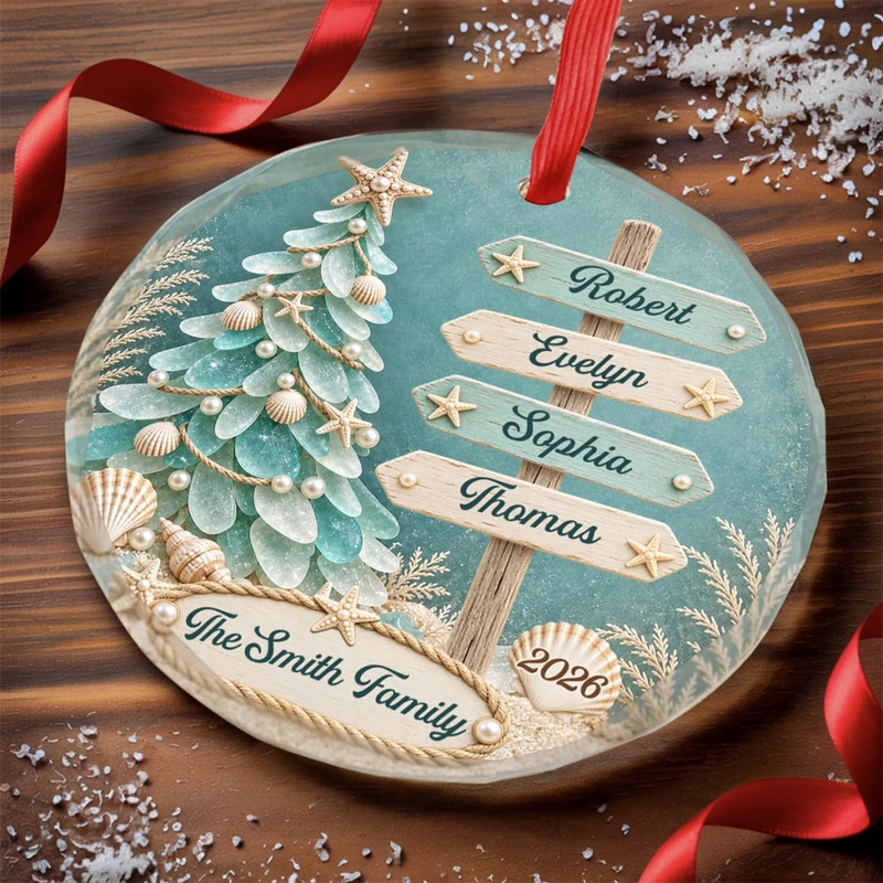 Custom Sea Glass Circle Glass Ornament - Personalized Christmas Birthday Gifts For Mom, Dad, Brother, Sister - Making Waves Of Family Joy