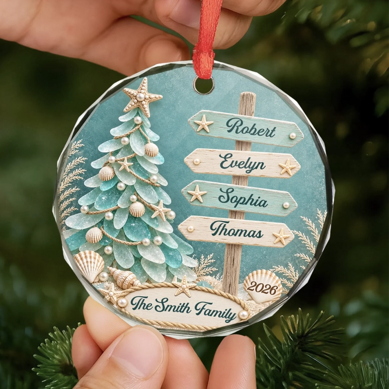 Custom Sea Glass Circle Glass Ornament - Personalized Christmas Birthday Gifts For Mom, Dad, Brother, Sister - Making Waves Of Family Joy