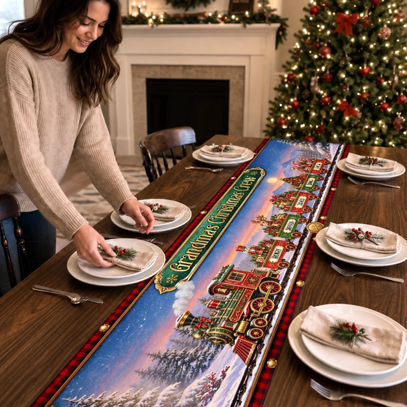 Custom Table Runner - Personalized  Christmas Birthday Gifts For Grandma, Grandpa - Cozy Season, Happiest Crew