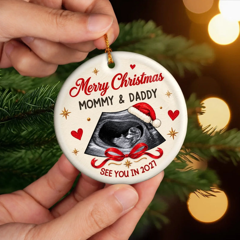 Custom Photo First Christmas Ceramic Ornament - Personalized Christmas Baby Shower, Gender Reveal Gifts For New Moms, New Dads, New Parents - Our Littlest Holiday Joy
