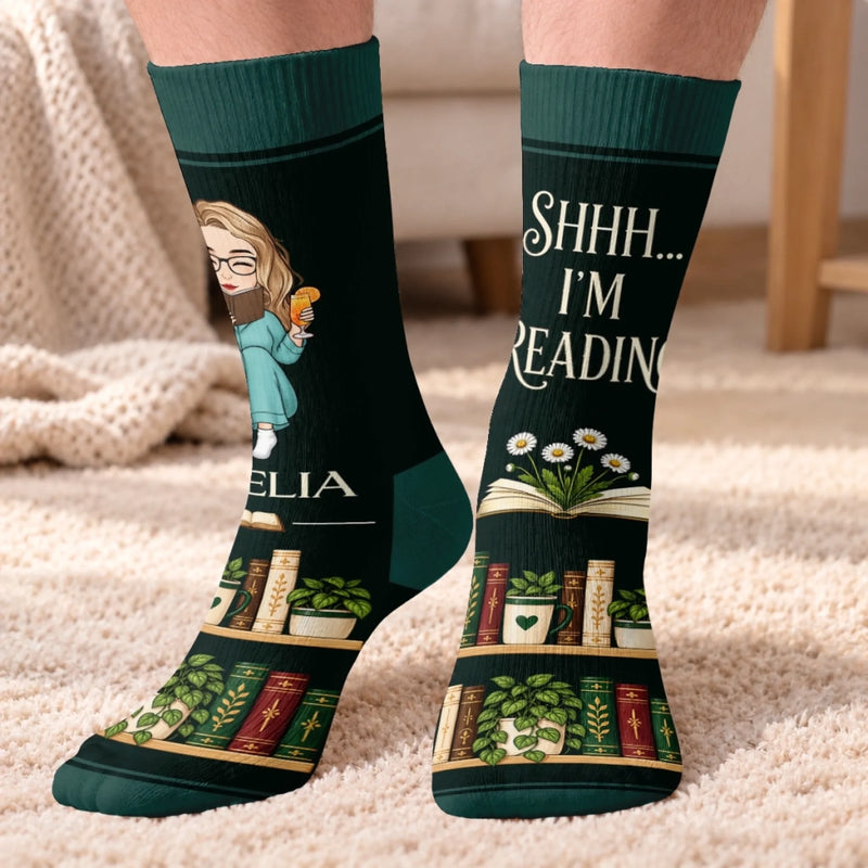 Custom Shh I'm Reading Crew Socks - Personalized Bookish Gifts For Book Lovers, Bookworms, Readers - Lost In My Favorite Story