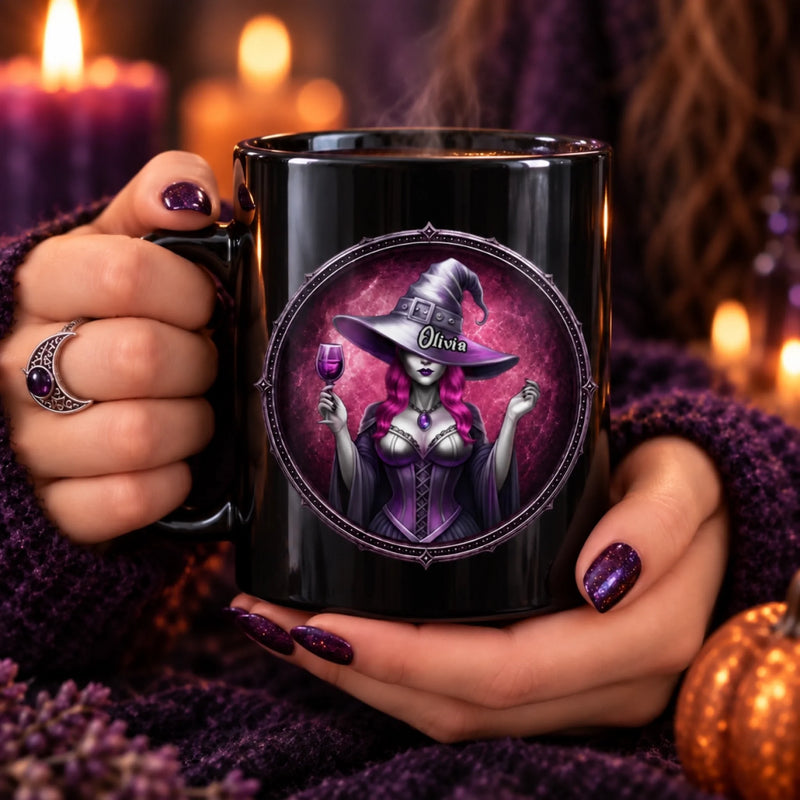 Custom Witchy Black Mug - Personalized Halloween Gifts For Witch, Wife, Daughter, Besties, Sisters, Granddaughter, Grandma, Mom, Yourself - Magic Runs In My Veins