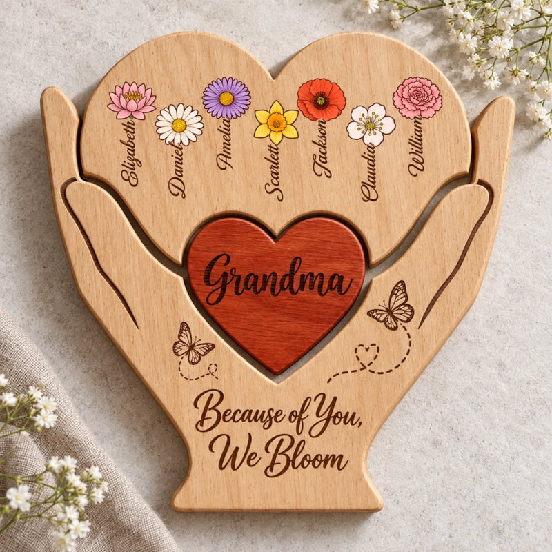 Custom Shaped Wooden Art Puzzle - Personalized Mother's Day Father's Day Birthday Gifts For Mom, Dad, Grandma, Grandpa - Because Of You We Bloom