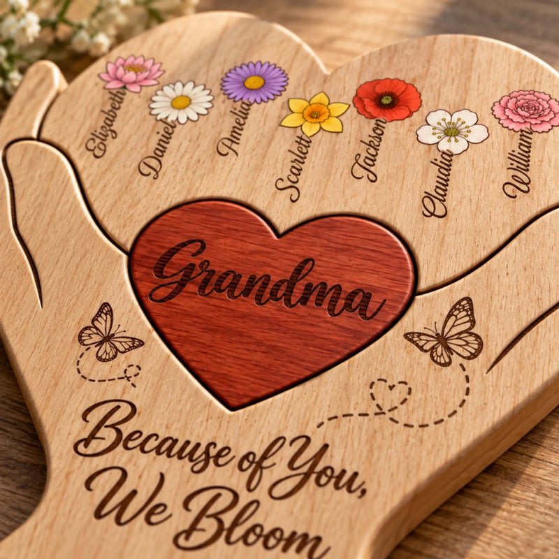 Custom Shaped Wooden Art Puzzle - Personalized Mother's Day Father's Day Birthday Gifts For Mom, Dad, Grandma, Grandpa - Because Of You We Bloom