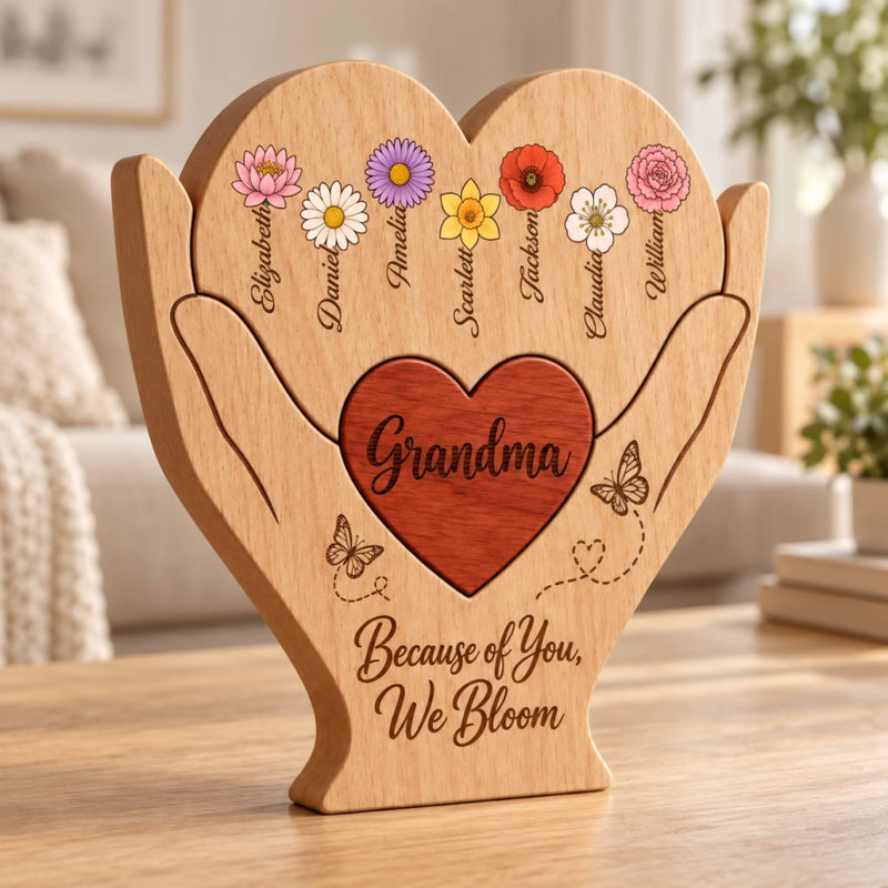 Custom Shaped Wooden Art Puzzle - Personalized Mother's Day Father's Day Birthday Gifts For Mom, Dad, Grandma, Grandpa - Because Of You We Bloom