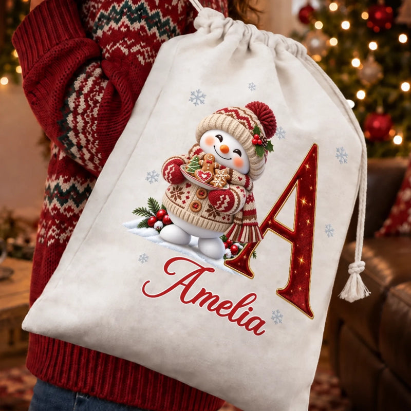 Custom Snowman Drawstring Gift Bag - Personalized Christmas Birthday Gifts For Mom, Dad, Brother, Sister - Frozen Joy Warm Happy Hearts