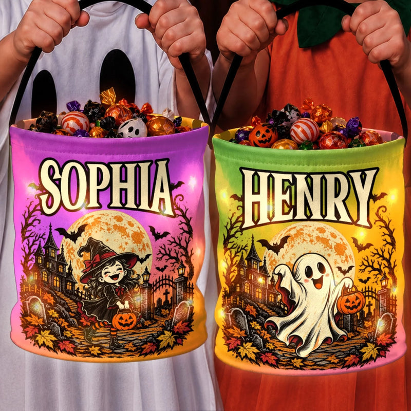 Custom LED Light Bucket Bag - Personalized Halloween Birthday Gifts For Kids - Boos, Treats And Glows
