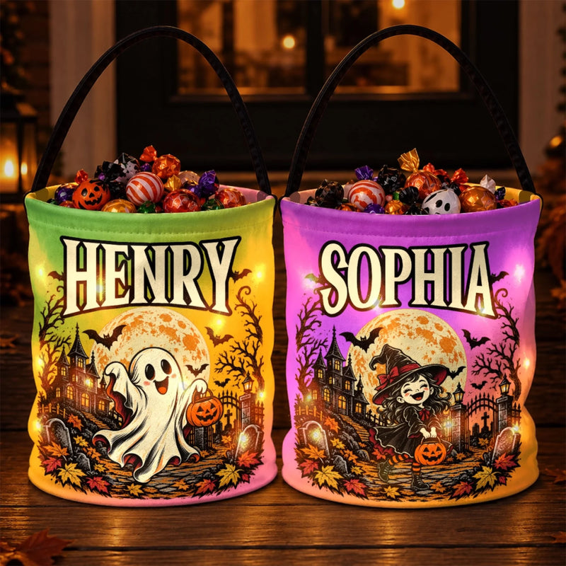 Custom LED Light Bucket Bag - Personalized Halloween Birthday Gifts For Kids - Boos, Treats And Glows