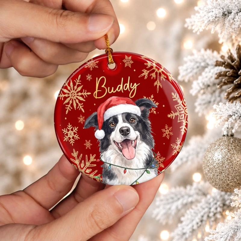 Custom Photo Ceramic Ornament - Personalized Christmas Birthday Gifts For Dog Cat Lovers, Dog Dad And Mom, Cat Owners - Merry Christmas, Happy Paws