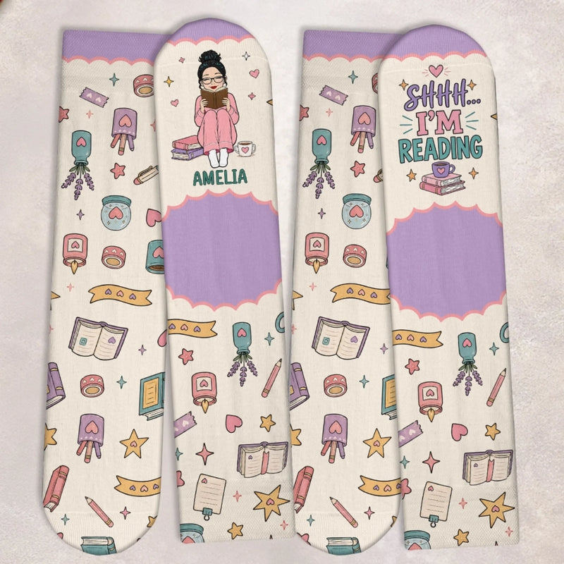 Custom Shh I'm Reading Crew Socks - Personalized Bookish Gifts For Book Lovers, Bookworms, Readers - Lost In My Own Magical World