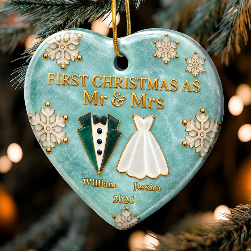 Custom First Christmas Ceramic Ornament - Personalized Anniversary Christmas Wedding Gifts For Husband And Wife, Him And Her - Wrapped In Newlywed Love