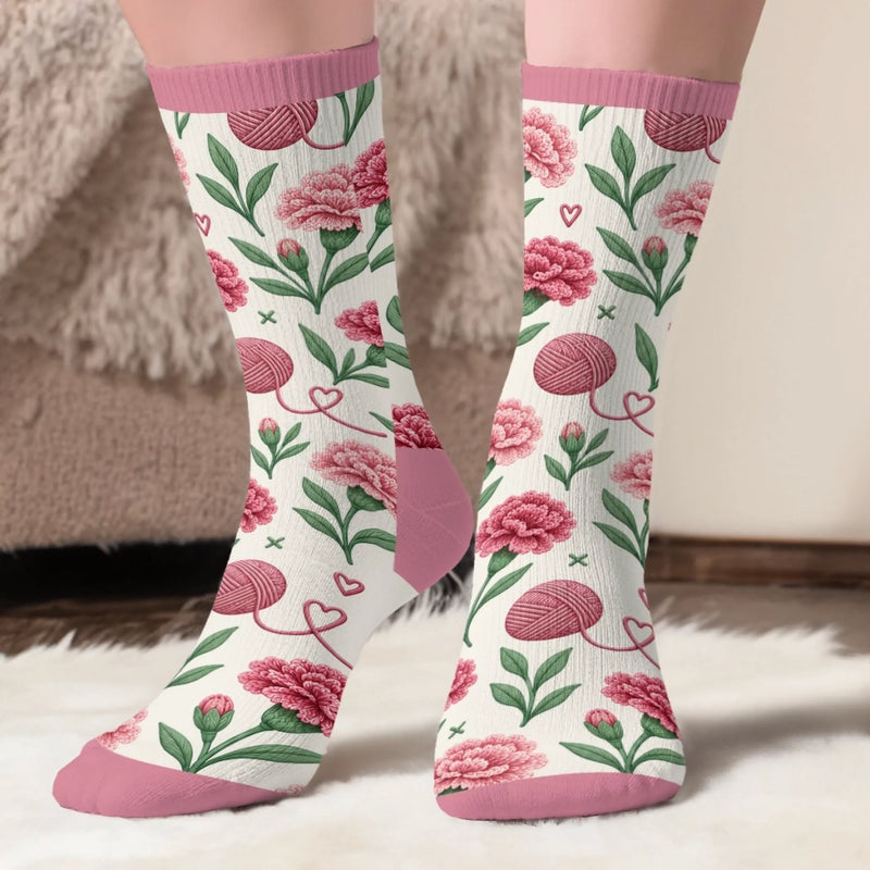 Custom Yarn Crew Socks - Personalized Birthday Gifts For Crochet Knitting Lovers, Crocheters, Knitters, Wife, Daughter, Besties, Sisters, Granddaughter, Grandma, Mom, Yourself - Hooked For Life