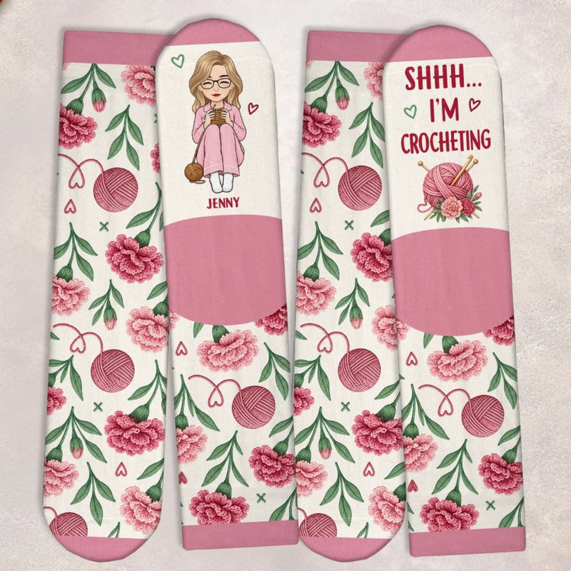 Custom Yarn Crew Socks - Personalized Birthday Gifts For Crochet Knitting Lovers, Crocheters, Knitters, Wife, Daughter, Besties, Sisters, Granddaughter, Grandma, Mom, Yourself - Hooked For Life