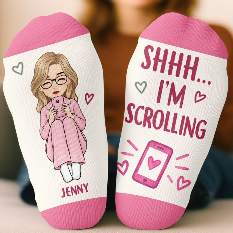 Custom Crew Socks - Personalized Birthday Gifts For Wife, Daughter, Besties, Sisters, Granddaughter, Grandma, Mom, Yourself - Caught In The Scroll