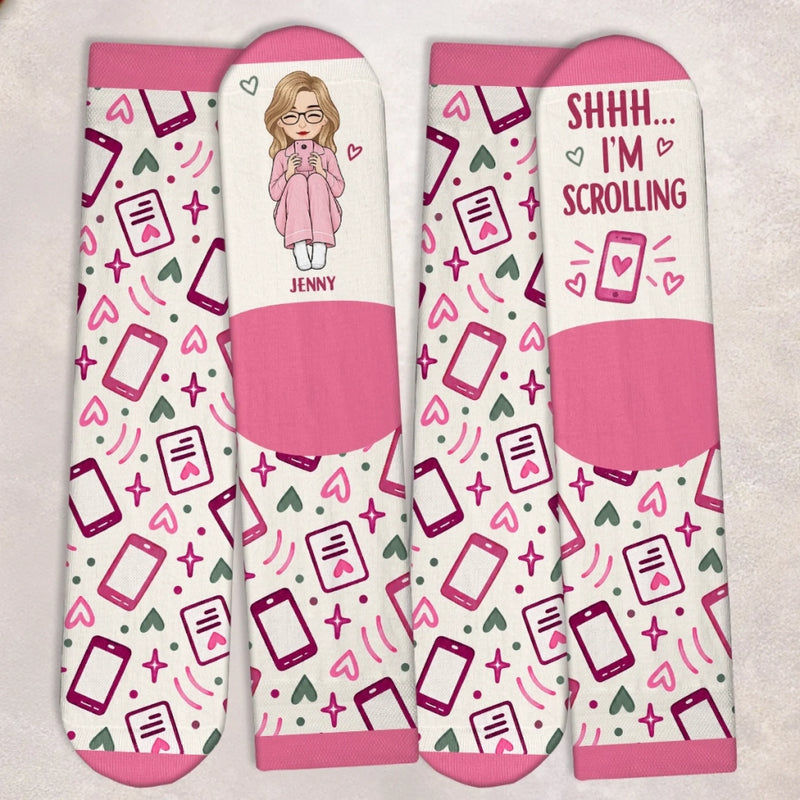 Custom Crew Socks - Personalized Birthday Gifts For Wife, Daughter, Besties, Sisters, Granddaughter, Grandma, Mom, Yourself - Caught In The Scroll