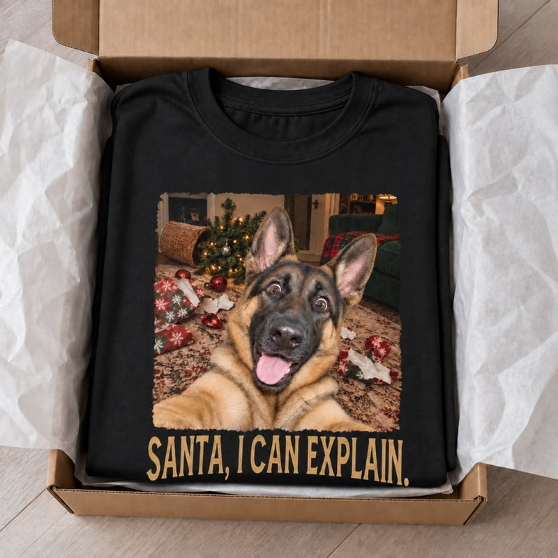Custom Photo Funny Dog Selfie T-Shirt - Personalized Christmas Gifts For Dog Cat Lovers, Dog Dad And Mom, Cat Owners - Santa I Can Explain