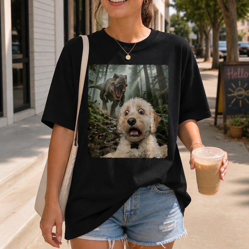 Custom Photo Funny Dog Selfie With T-Rex Dinosaur Comfort T-Shirt - Personalized Birthday Gifts For Dog Cat Lovers, Dog Dad And Mom, Cat Owners - Jurassic Pup Adventures