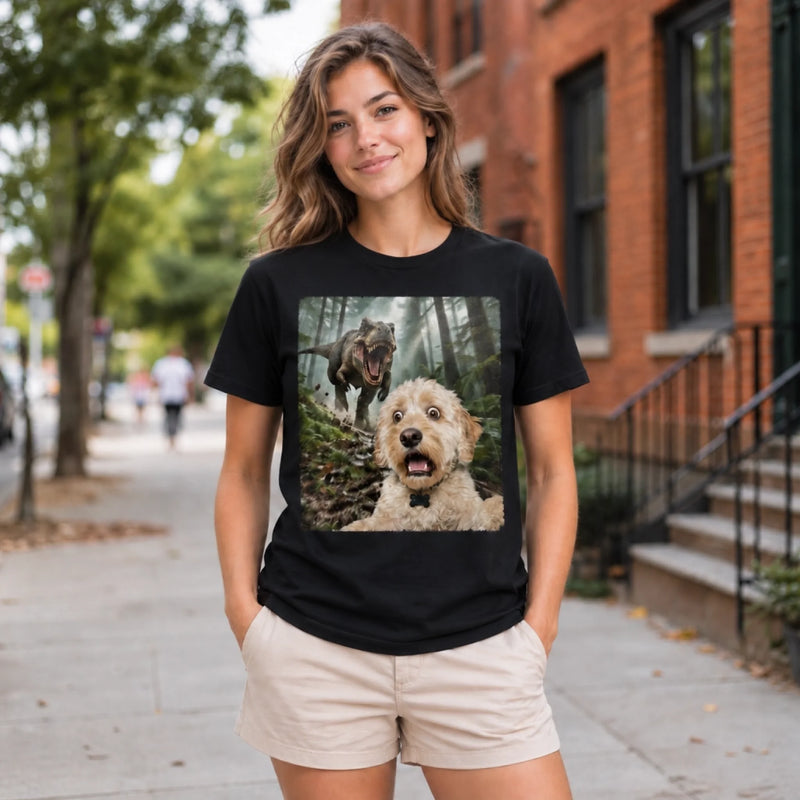 Custom Photo Funny Dog Selfie With T-Rex Dinosaur Comfort T-Shirt - Personalized Birthday Gifts For Dog Cat Lovers, Dog Dad And Mom, Cat Owners - Jurassic Pup Adventures