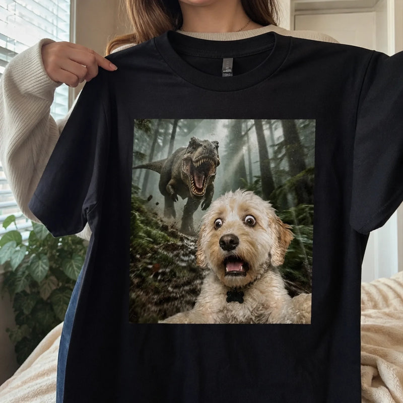 Custom Photo Funny Dog Selfie With T-Rex Dinosaur Comfort T-Shirt - Personalized Birthday Gifts For Dog Cat Lovers, Dog Dad And Mom, Cat Owners - Jurassic Pup Adventures