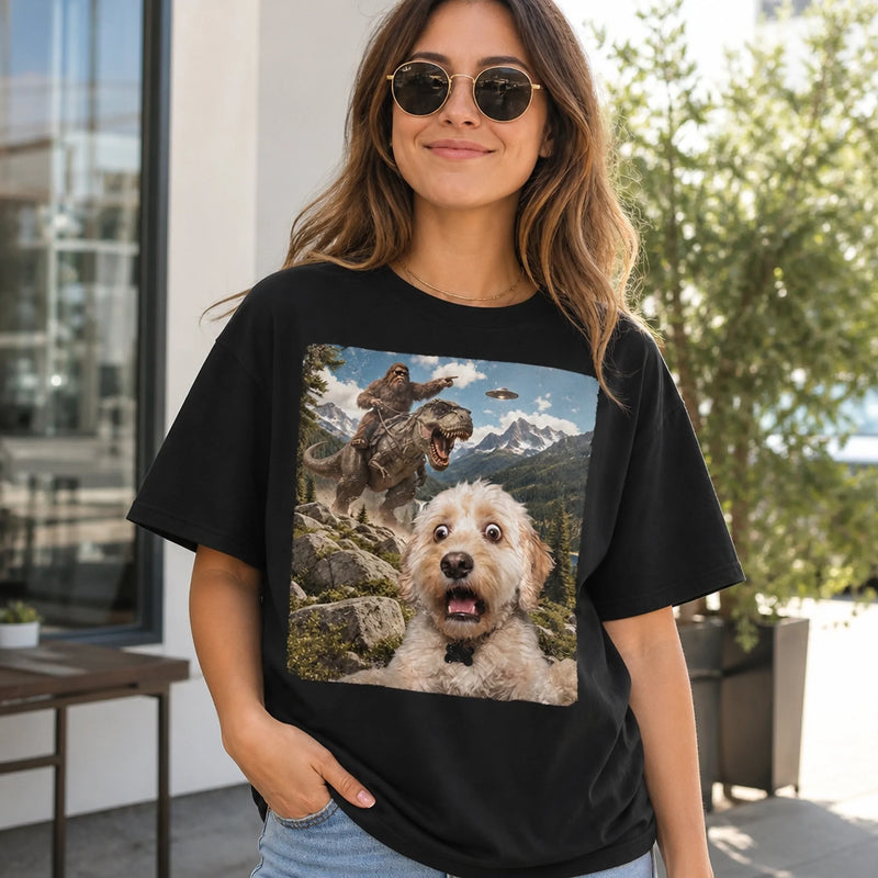 Custom Photo Funny Dog Selfie With Bigfoot T-Rex UFO Comfort T-Shirt - Personalized Birthday Gifts For Dog Cat Lovers, Dog Dad And Mom, Cat Owners - Beam Me Up, Pup