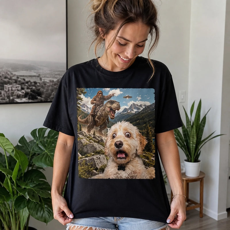 Custom Photo Funny Dog Selfie With Bigfoot T-Rex UFO Comfort T-Shirt - Personalized Birthday Gifts For Dog Cat Lovers, Dog Dad And Mom, Cat Owners - Beam Me Up, Pup
