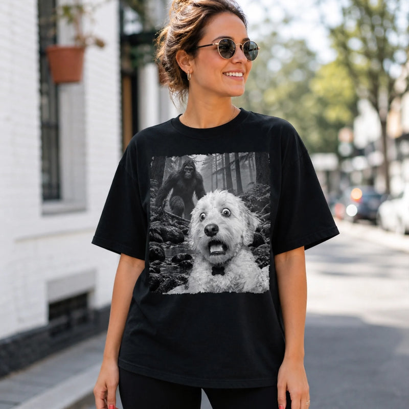 Custom Photo Funny Dog Selfie With Bigfoot Sasquatch Comfort T-Shirt - Personalized Birthday Gifts For Dog Cat Lovers, Dog Dad And Mom, Cat Owners - Bigfoot Spotted With Paws
