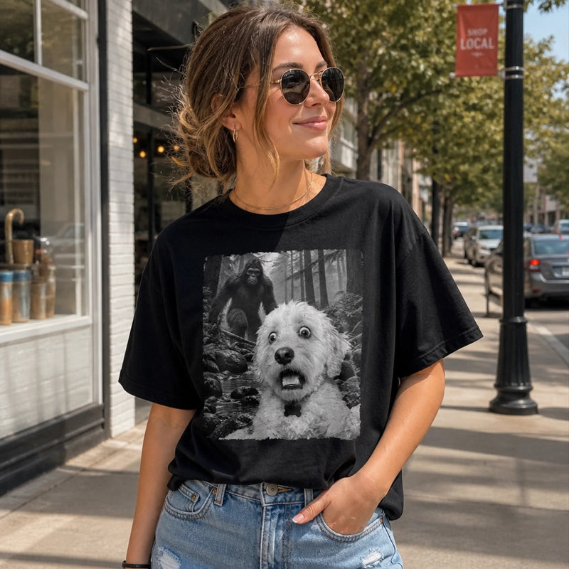 Custom Photo Funny Dog Selfie With Bigfoot Sasquatch Comfort T-Shirt - Personalized Birthday Gifts For Dog Cat Lovers, Dog Dad And Mom, Cat Owners - Bigfoot Spotted With Paws