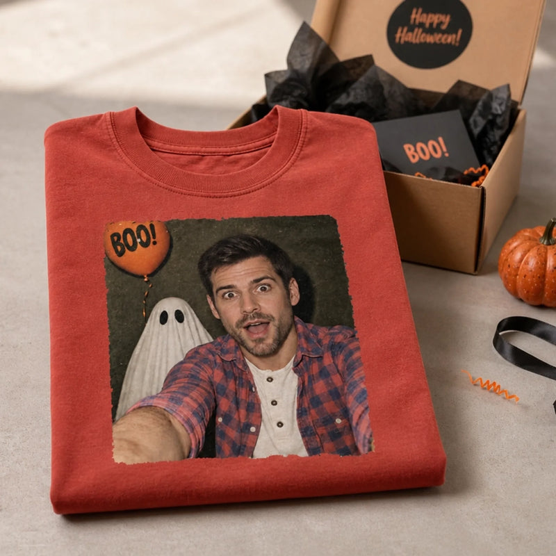 Custom Photo Funny Men & Women Selfie With Boo Comfort T-Shirt - Personalized Halloween Birthday Gifts For Mom, Dad, Brother, Sister - Selfie With My Boo