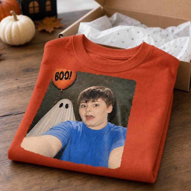 Custom Photo Funny Kid Selfie With Boo Comfort T-Shirt - Personalized Halloween Birthday Gifts For Kids - Creep It Cute, Kiddo
