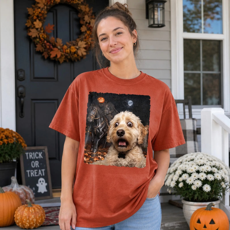 Custom Photo Funny Dog Selfie With Skeleton Comfort T-Shirt - Personalized Halloween Birthday Gifts For Dog Cat Lovers, Dog Dad And Mom, Cat Owners - Glow Up Your Spook