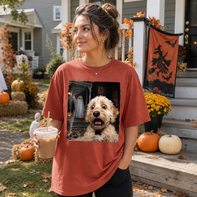 Custom Photo Funny Dog Selfie With Witch Comfort T-Shirt - Personalized Halloween Birthday Gifts For Dog Cat Lovers, Dog Dad And Mom, Cat Owners -  Main Character Witchy Pup