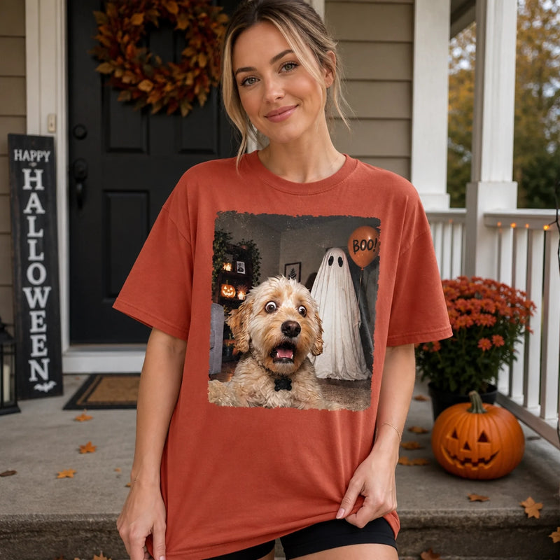 Custom Photo Funny Dog Selfie With Boo Comfort T-Shirt - Personalized Halloween Birthday Gifts For Dog Cat Lovers, Dog Dad And Mom, Cat Owners - Paws, Ghosts And Smiles