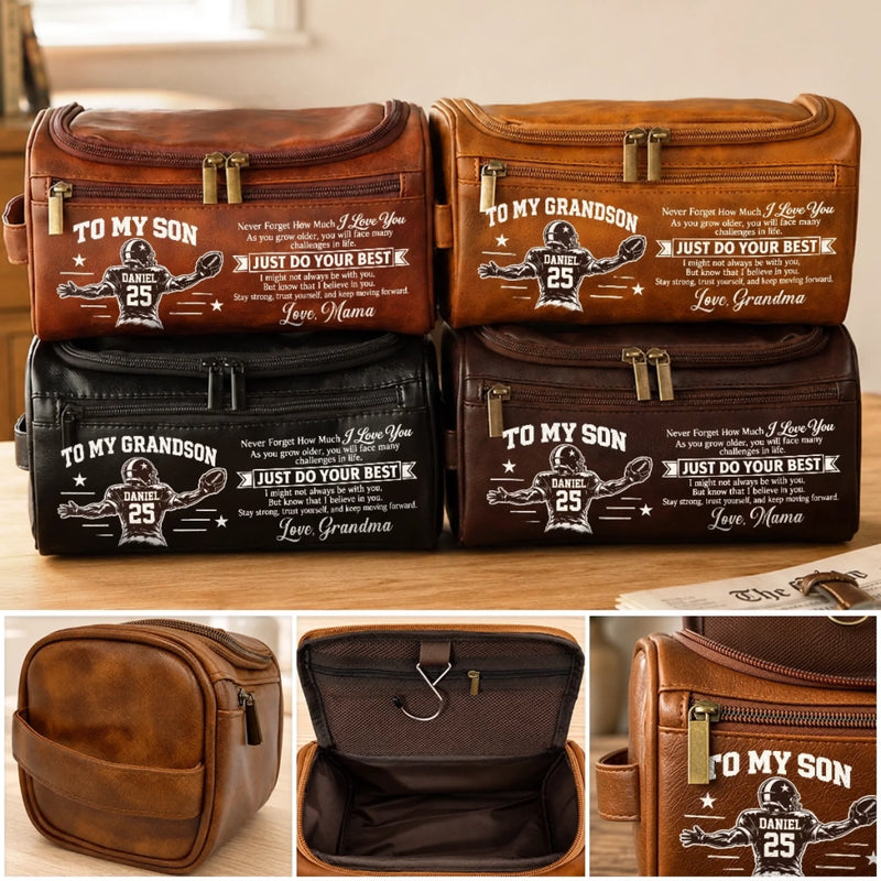 Custom America Football Leather Toiletry Bag - Personalized Birthday Gifts For Son, Grandson, America Football Lovers, Sports Fans, Sports Lovers - Play With Heart Every Time