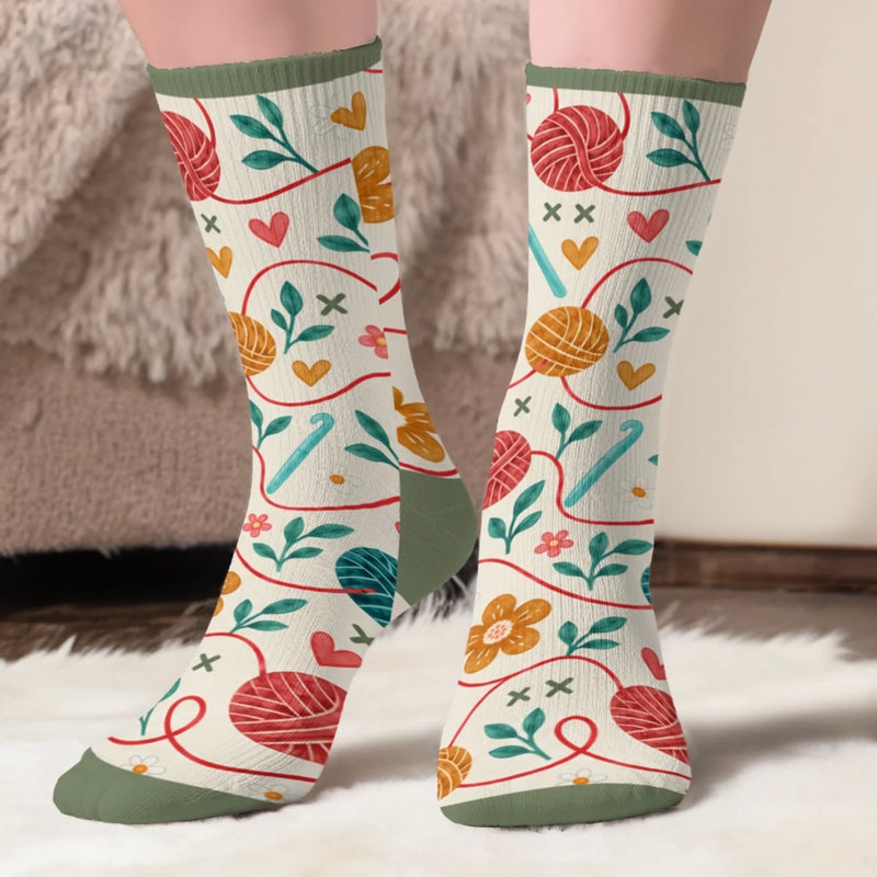 Custom Yarn Crew Socks - Personalized Birthday Gifts For Crochet Knitting Lovers, Crocheters, Knitters, Wife, Daughter, Besties, Sisters, Granddaughter, Grandma, Mom, Yourself - Just One More Stitch