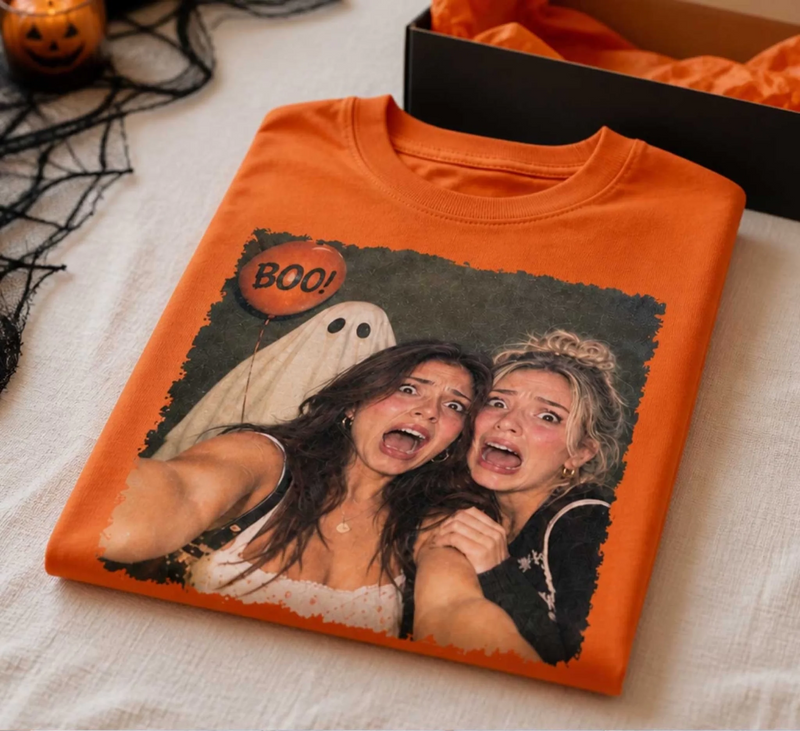 Custom Photo Bestie Selfie With My Boo T-Shirt – Personalized Funny Halloween Shirt for Best Friends, BFF Halloween Gift - Partners in crime. Partners in haunt.